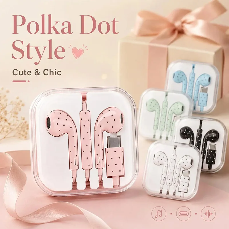 Cute Polka Dot Type‑c Wired Earphones With Mic Cartoon In-ear Sport Headphone For Iphone Xiaomi Samsung New Wired Earbuds