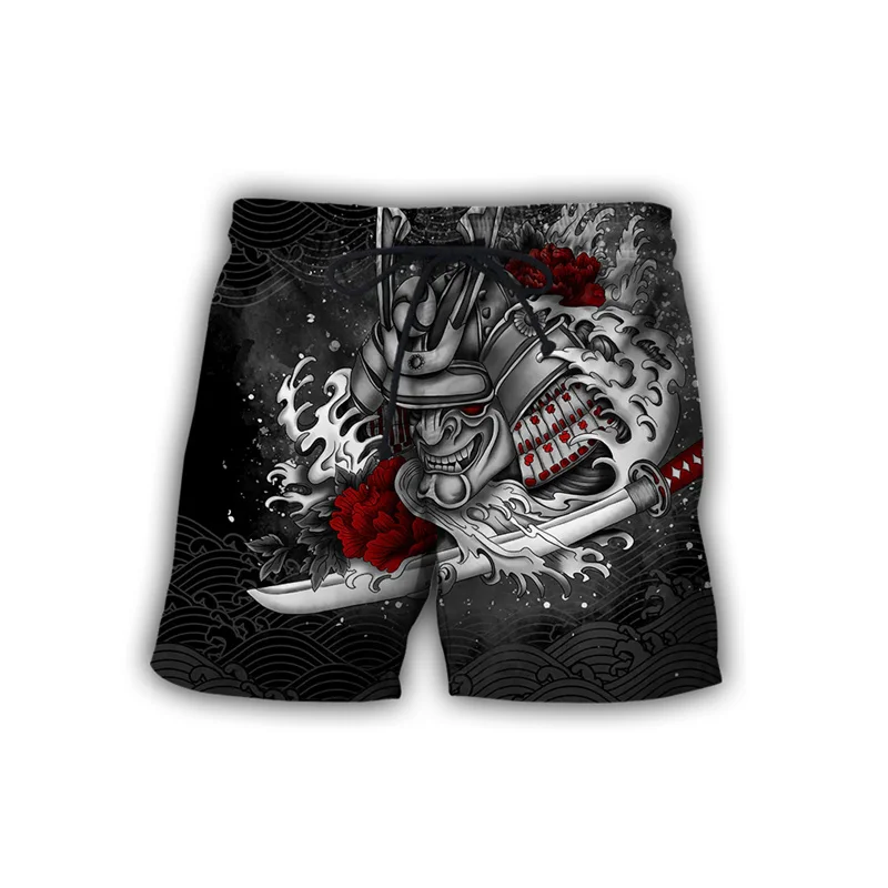 Japanese Samurai Mask Beach Shorts For Men's Clothing Street Harajuku Shorts 3D Print Retro Fashion Mystery Style Funny Pants