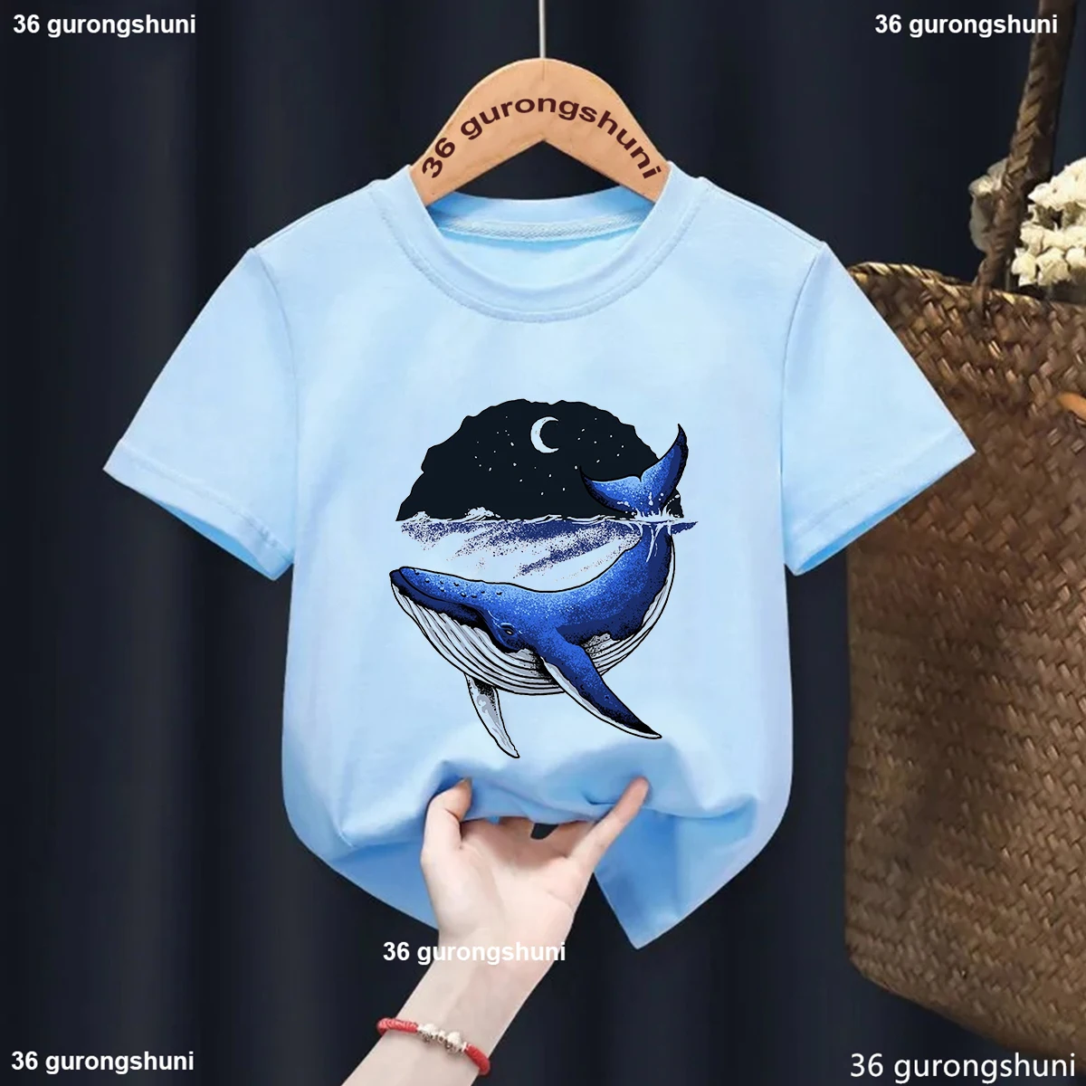 

Dolphin Moon Printed T Shirt For Girls/Boys Funny Kids Clothes White/Pink/Blue/Gray Tshirt Summer Fashion Tops Tee Shirt