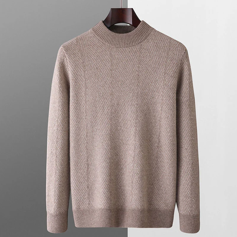 

New Fall/Winter Business Casual 100% Sweater Men's Half-Neck Long Sleeve Pullover Thick Sweater Contrast Base Shirt Wool Top