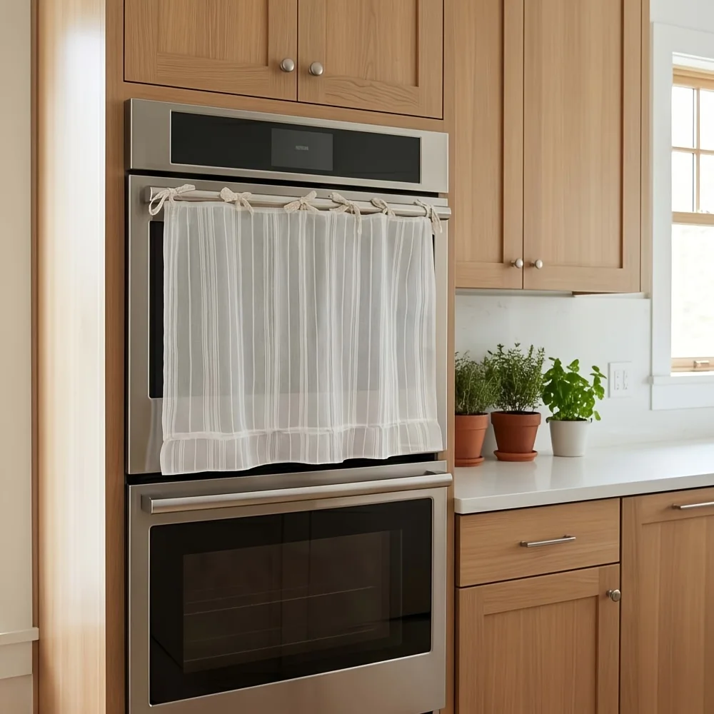 White Sheer Kitchen Oven Curtain with Bowknot, Ruffled Striped Half Window Curtain, Farmhouse Cabinet Short Curtain for Home