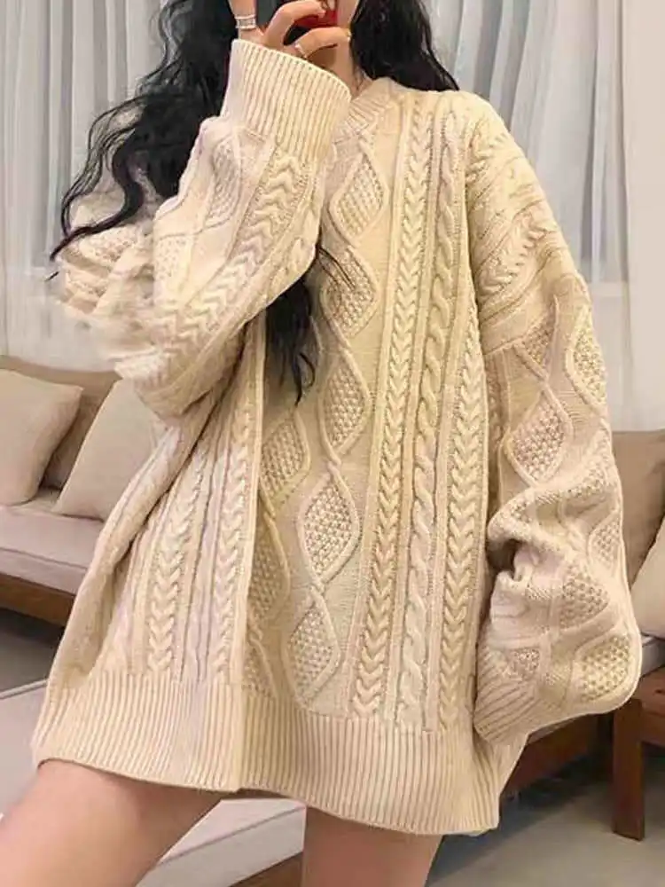 

Women Chunky Cable Knit Sweater Pink Ivory Crew Neck Oversized Jumper Pullovers Autumn Winter Outfit