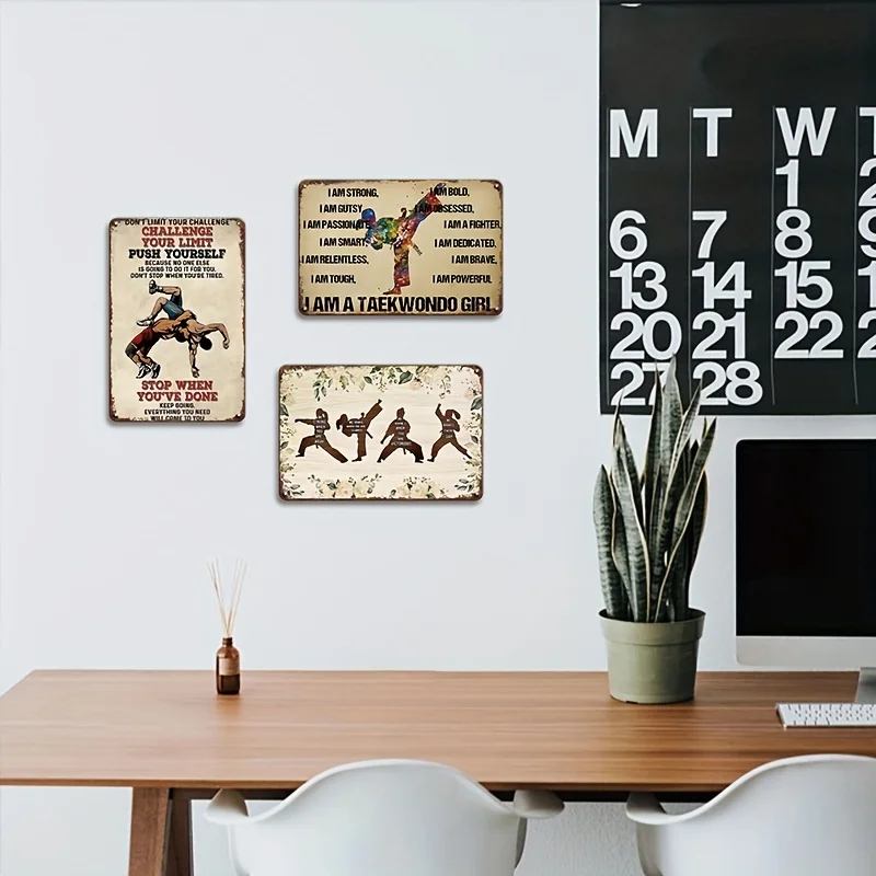 Set of 3 Taekwondo Metal Wall Art, Retro Sign Plaques, 12.0X8.0 inch Inspirational Posters for Home, Bar, Game Room, Man Cave, G