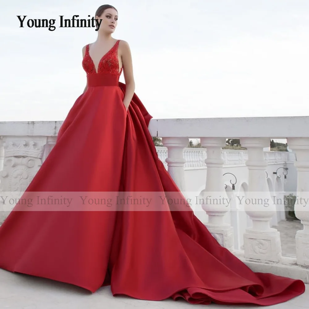 Red Ball Gown Matte Satin Wedding Dress Bow Backless Sequins Top Chapel Train Long Bride Formal Party Wear With Color Woman Gala