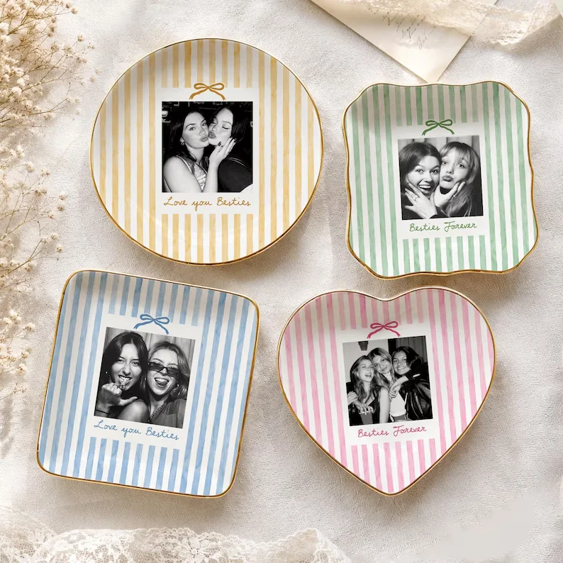 Custom Photo Ceramic Trinket Dish Personalized Picture Text Striped Ring Tray Jewelry Holder Best Friend Memorial Gift For Women