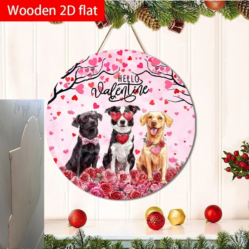 2D Flat, Pink-Themed Round Wooden Plaque with Heart-Shaped Puppy - Artificial Suitable for Couples Confession Wall Decor,, Room