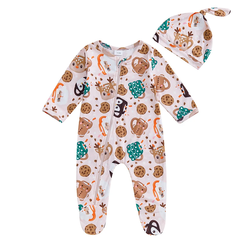 Baby Boy Girl Christmas Outfit Cookie Print Long Sleeve Zipper Front Footed Jumpsuit Hat 2Pcs Set