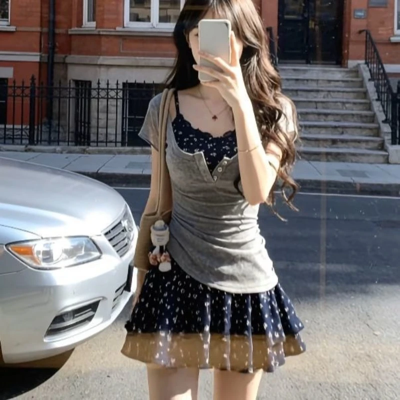 Y2k Japanese Style Kawaii 2 Piece Dress Sets 2000s Slim Short Sleeve Tees + Print Floral Strap Dress Harajuku Vintage Women Suit