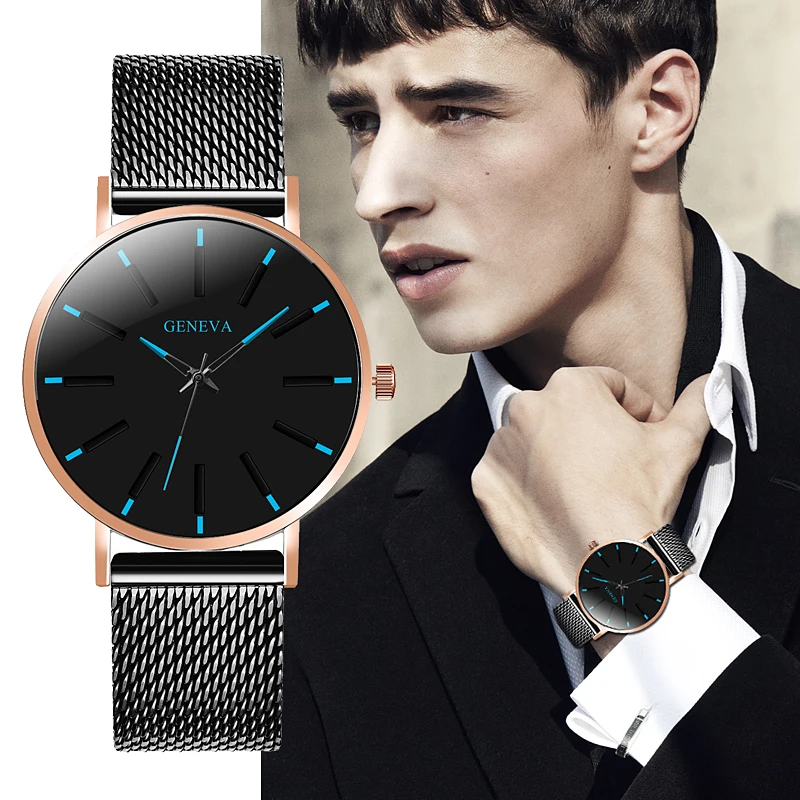Mode Casual Business Mannen Horloges Geneva Black Steel Mesh Band Quartz Polshorloges Klok Beste Geschenken Montre Homme Horloge Heren