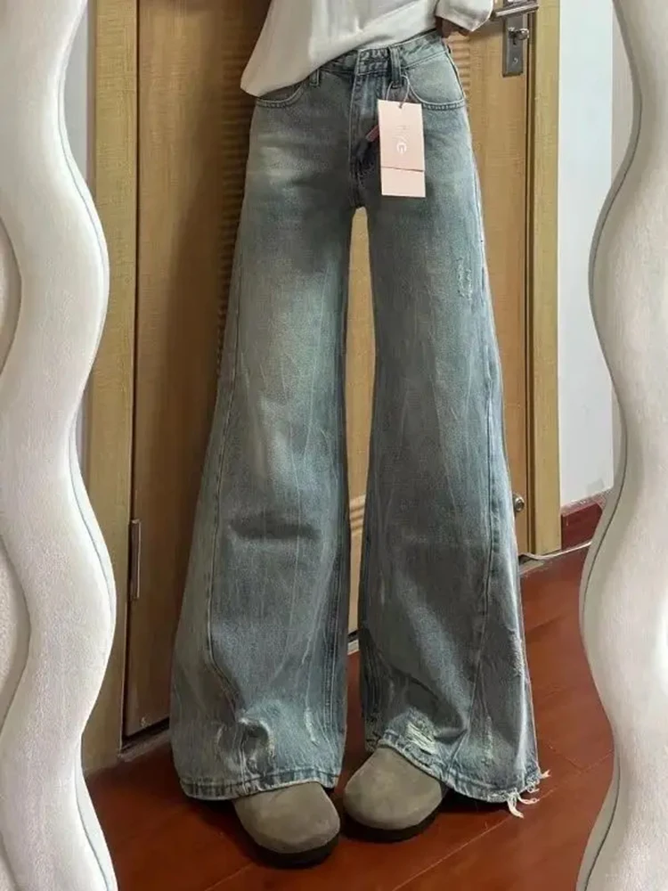 Y2K wijde pijpen jeans dames gewassen Amerikaanse retro hoog getailleerde broek versleten rechte pijpen herfst ontwerp slim fit