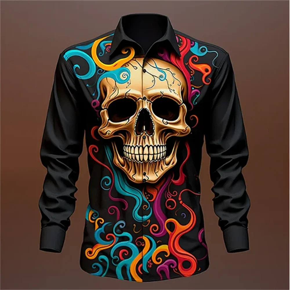 Fashion Funny Shirt Men\'s Mask Men\'s Skeleton Casual Daily Wear Lapel Comfortable Elegant Long Sleeve Fashion Top