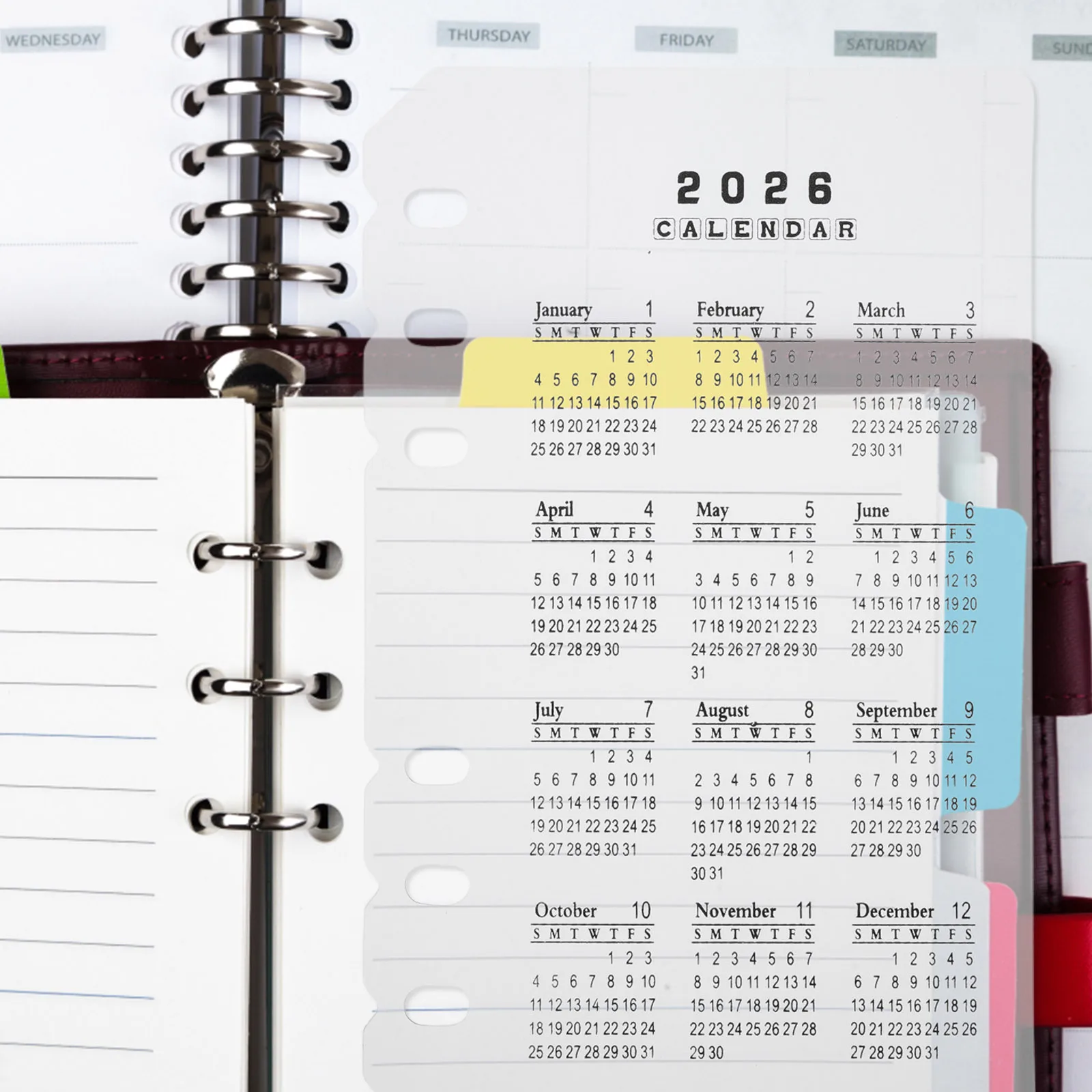 Divisores de calendario esmerilados 2026, plástico A6, inserciones recargables de 6 agujeros, cuaderno planificador, suministros de oficina, recargas de calendario, fecha, 4 Uds.