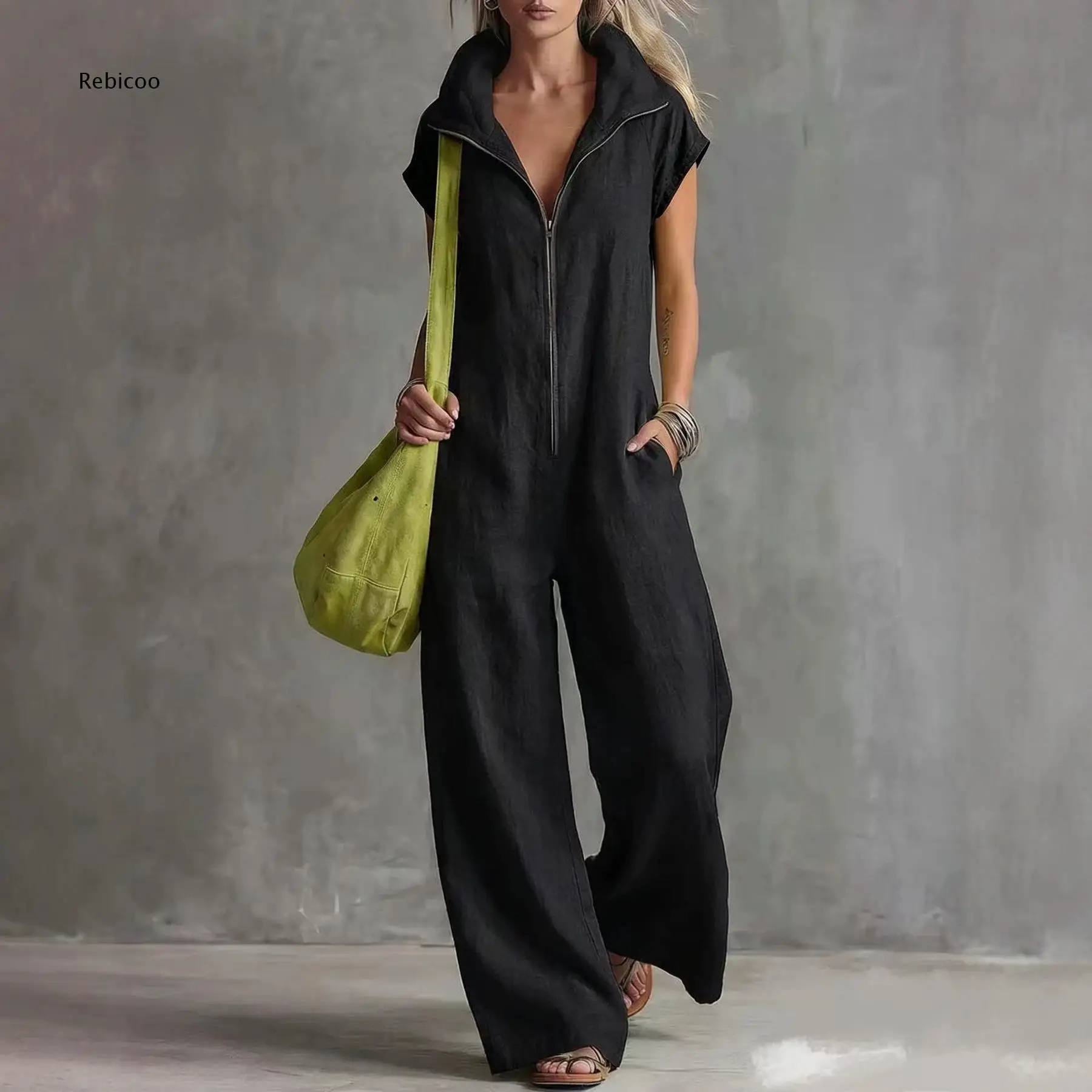 Zip Front Wide Leg Jumpsuit For Women Stand Collar Short Sleeve Side Pockets Loose Cut One Piece Suit For Street Leisure Outfits