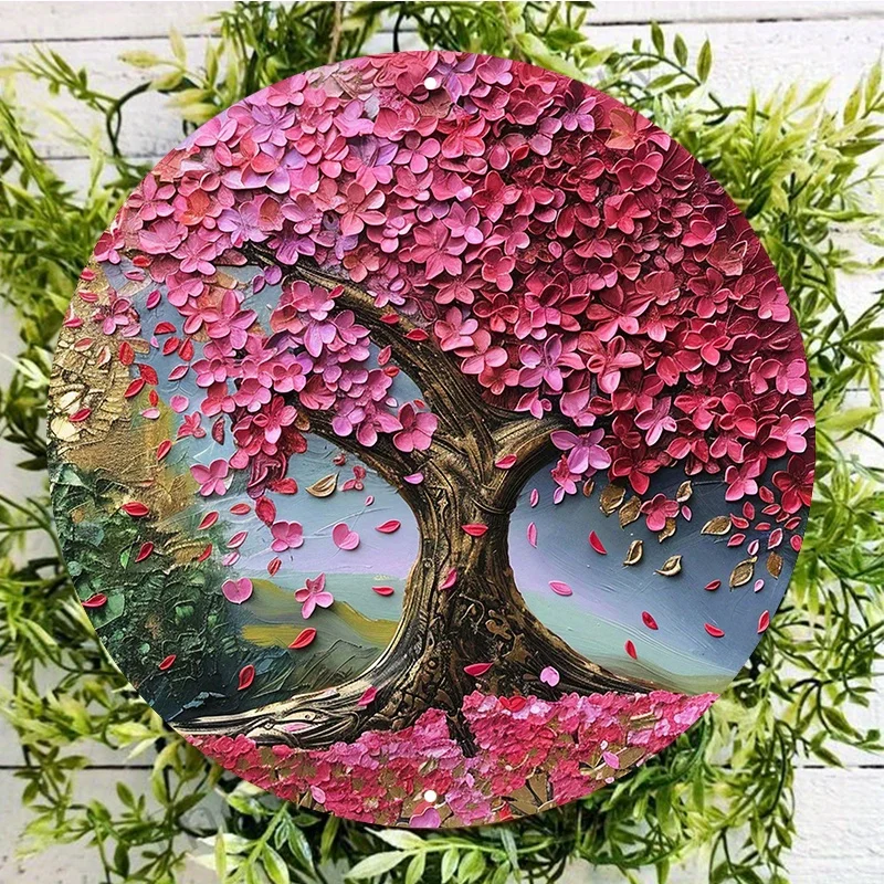 

Tree of Life Metal Wall Art Sign, Round Aluminum Door Hanger with Pink and Red Cherry Blossom Design, Waterproof Outdoor Decor