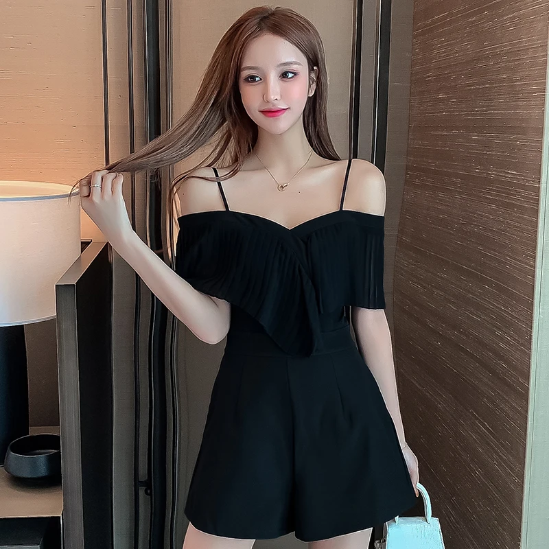 Summer outfits Women Sexy Slim Waist V-neck Off Shoulder Suspender Jumpsuit Wide-Leg Pants White and Black Overalls Shorts