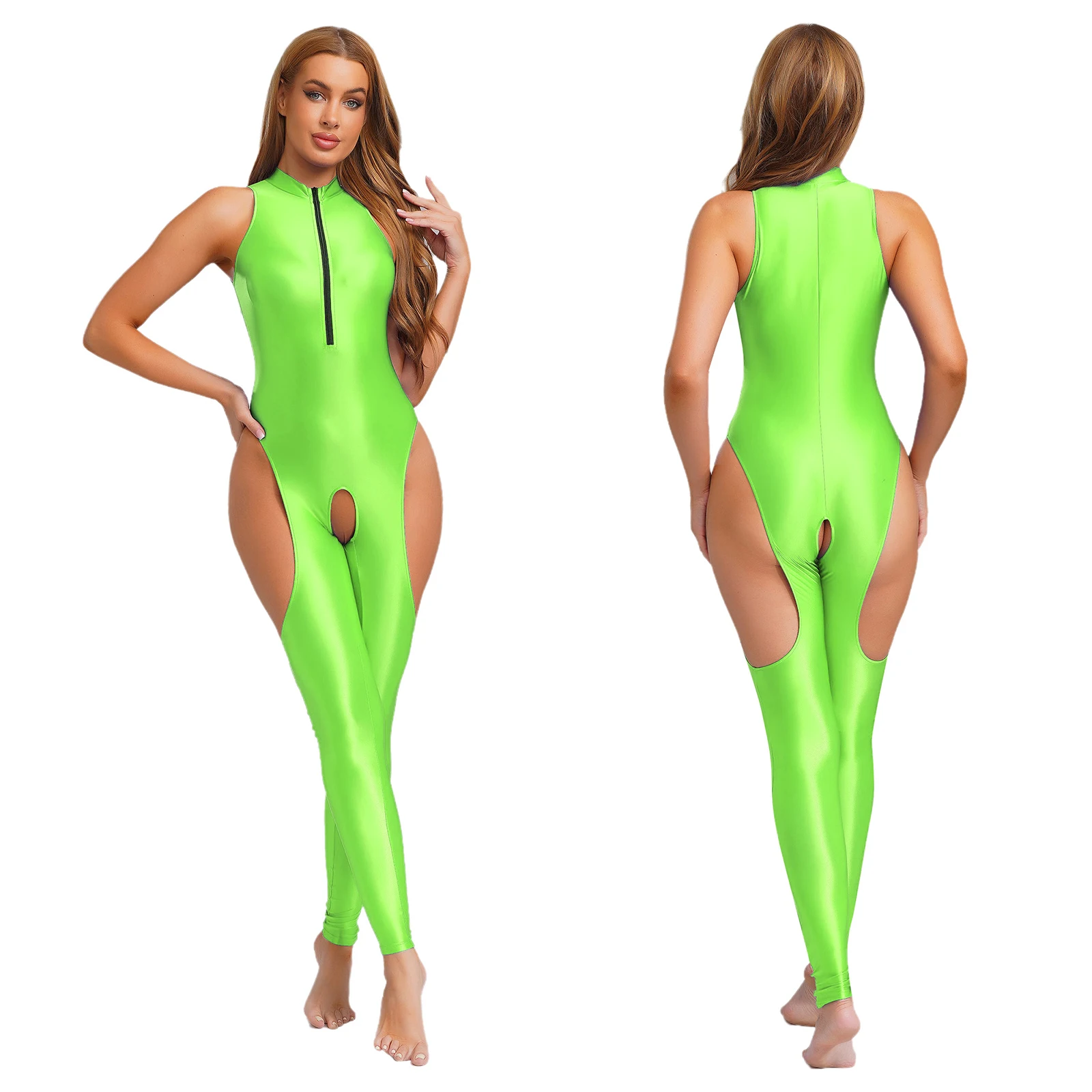

Women Glossy Cut Out Yoga Jumpsuit Party Raves Clubwear Sleeveless Zip Open Crotch Thighs Bodysuit Leggings One-piece Catsuit