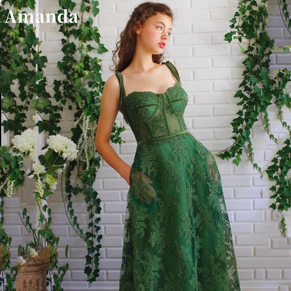 

Amanda Dark Green Evening Dress Luxury Prom Dress 2023 With Pocket Vintage Lace Embroid Party Dress Elegant A-line Prom Gown