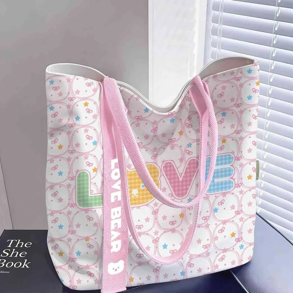 Gifts Cute Bear Print Canvas Bag Large Capacity Lightweight Shoulder Bag Versatile Reusable Tote Bag Women's Accessories