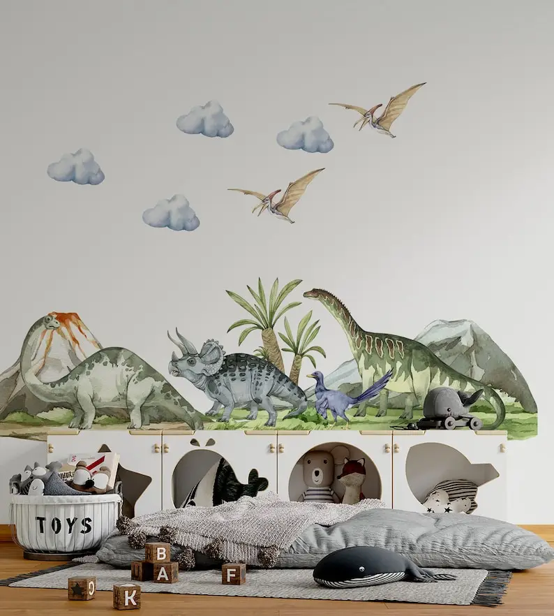 dinosaur wall decal big set, Jurassic World in boy room, dinosaur stickers, dinosaur wall art, kids wall sticker, dinosaur decor