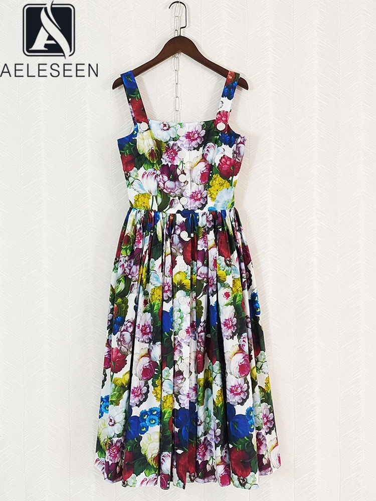 

AELESEEN Sicilian Poplin Dress For Women 100% Cotton Spring Summer Women Spaghetti Strap Colorful Flower Print Single-breasted