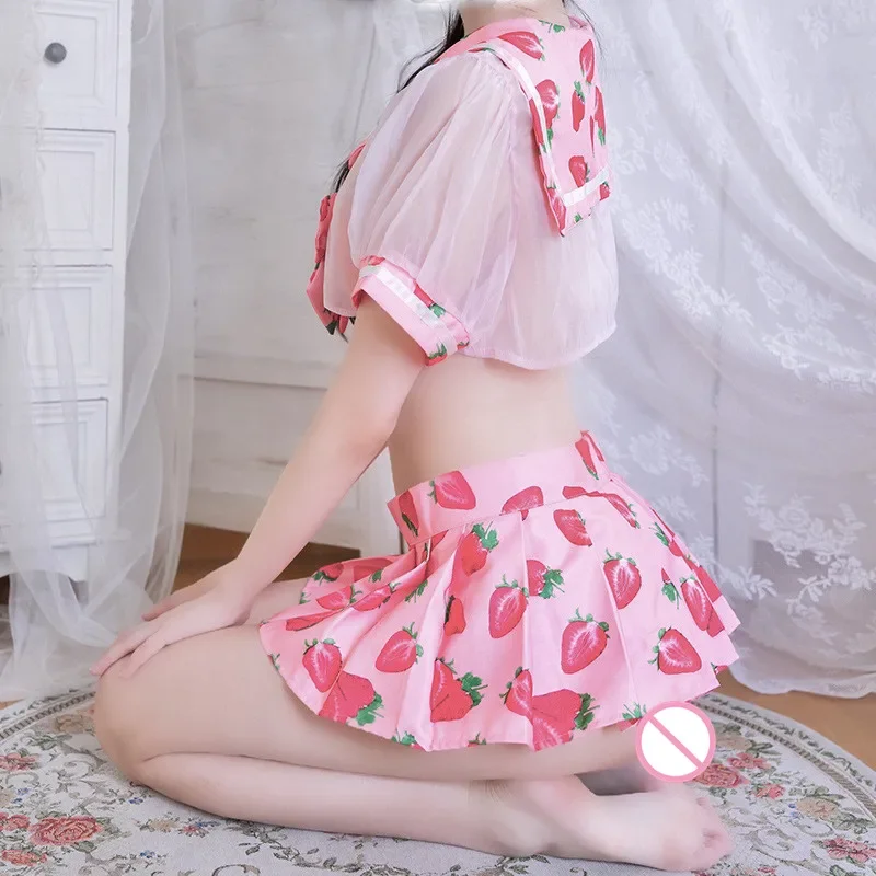 Śliczna marynarz sukienka Lolita truskawka drukowane erotyczne seksowne kostiumy szkoła dziewczyna jednolity strój seksowny komplet bielizny Kawaii bielizna