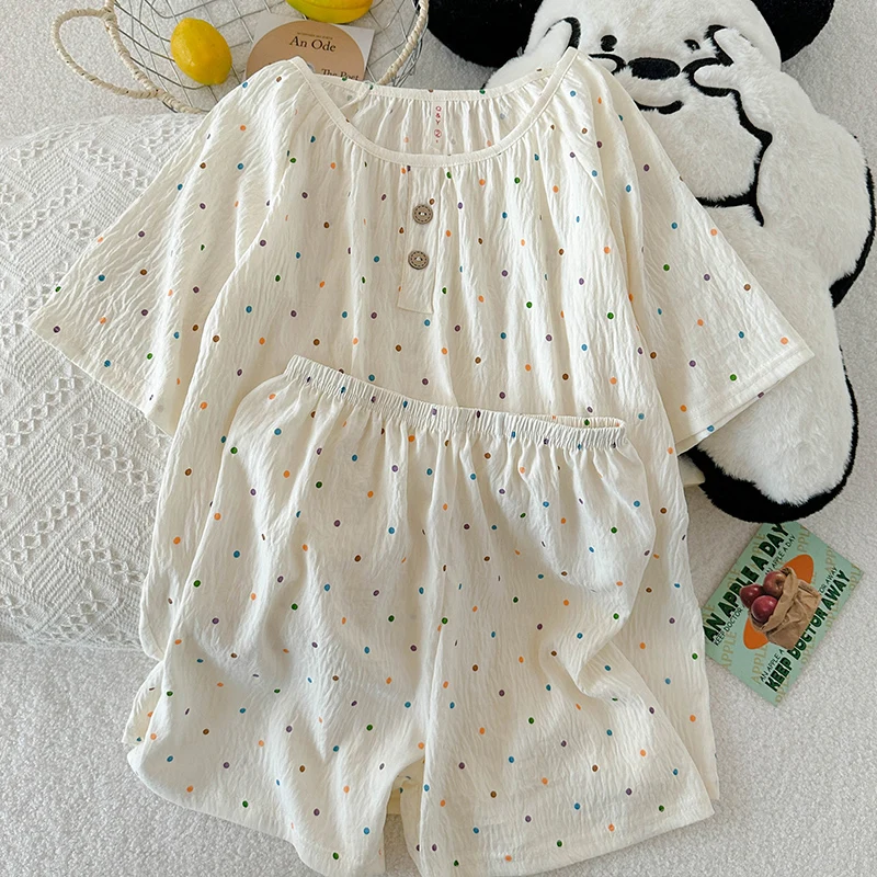 2 قطعة بيجامة مطبوعة على الموضة للنساء الصيف الجولة الرقبة قصيرة الأكمام السراويل الحلو لطيف ملابس خاصة الراحة المتسكعون 2025 جديد #5