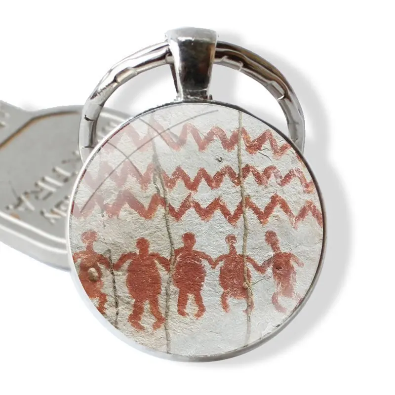 Acient Cave Art Patterns Keychain Handmade Glass Cabochon Key Ring Holder Pendant Key Chains