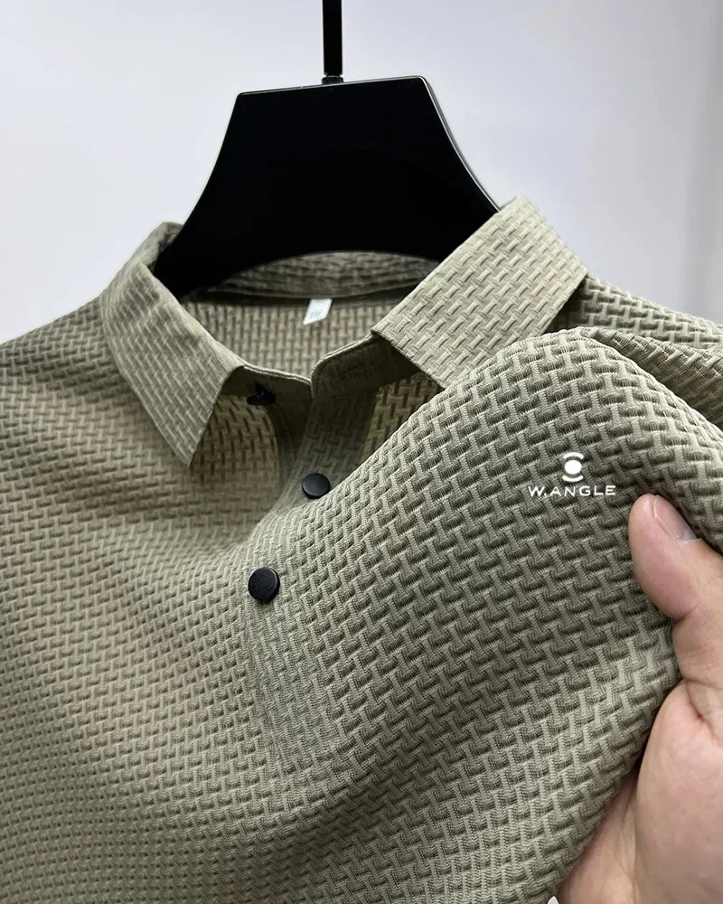 2024 Summer Polo Shirt Ice Silk breathable business striped T-shirt men's brand clothing Summer men's halter hollow short sleeve