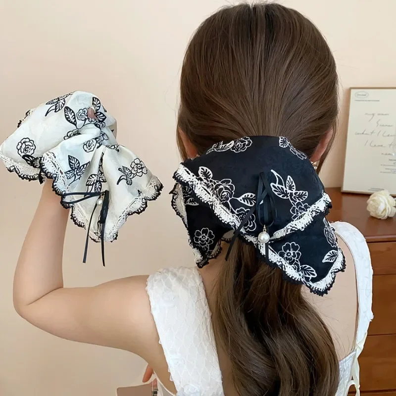 Coleteros cuadrados de encaje con lazo de flores para mujer, bandas para el cabello con perlas de imitación coreanas, pañuelo, accesorios para la cabeza de vacaciones