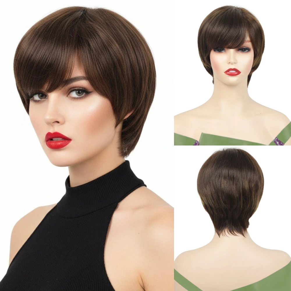 Women’s Short Straight Brown Wig with Side Bang Heat Resistant Synthetic Daily Gatherings