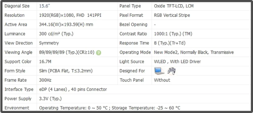 LQ156M1JW23 15.6 inch LCD Screen IPS Panel FHD 1920X1080 EDP 40pins 300Hz Non-touch