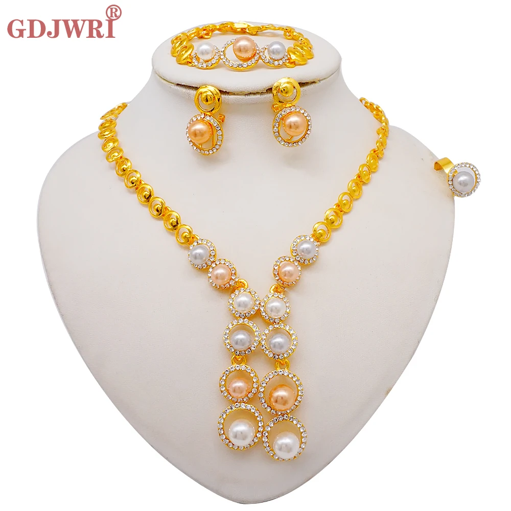 Luxus Dubai Gold Farbe Doppels chicht Halskette Schmuck Sets für Frauen afrikanischen Wasser tropfen Kristalls chmuck indischen Set Geschenke – Detail 34