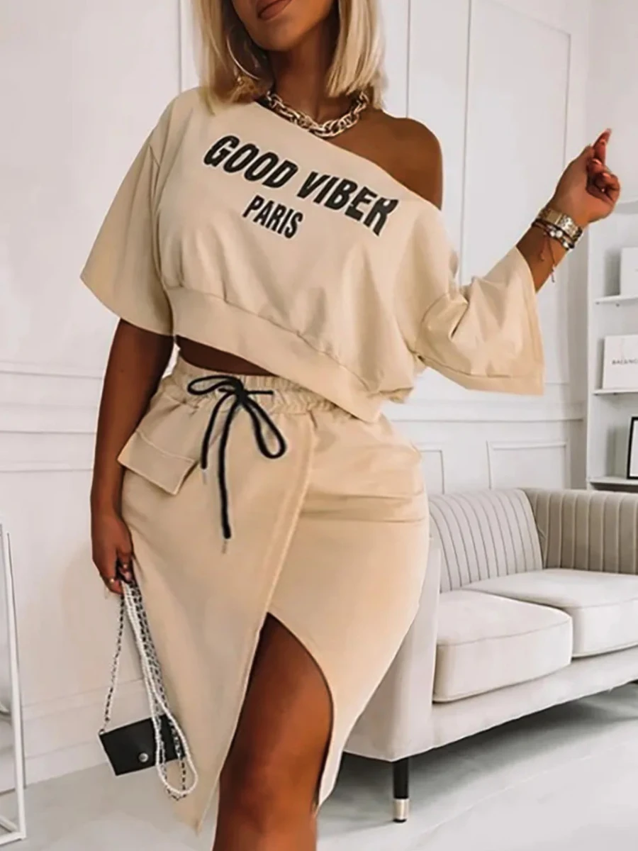 LW Plus Size lettera stampa coulisse abito con spacco alto estate Streetwear stampa abiti per le donne Maxi vestito elegante femminile