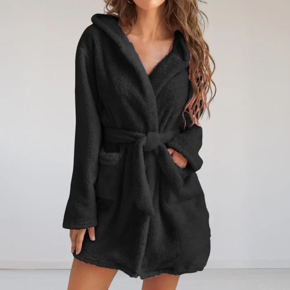 Women Solid Hooded Robe Coral Velvet Bathrobe Cute Warm Robe Flannel Kimono Bath Robe Dressing Gowns Sleepwear