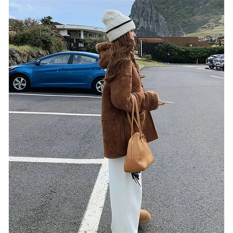 Short Fur One-Piece Imitation Lamb Fur Coat For Women's Winter 2025 New Style Hooded Double-Sided Imitation Suede Top Khaki Coat