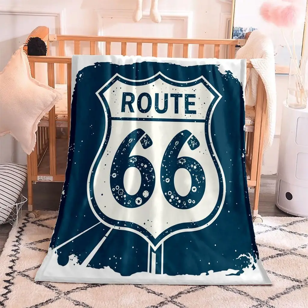 Distressed Retro Route 66 Highway Logo Full Pattern Soft Flannel Blanket Lightweight Decorative Blanket For Bed Living Room
