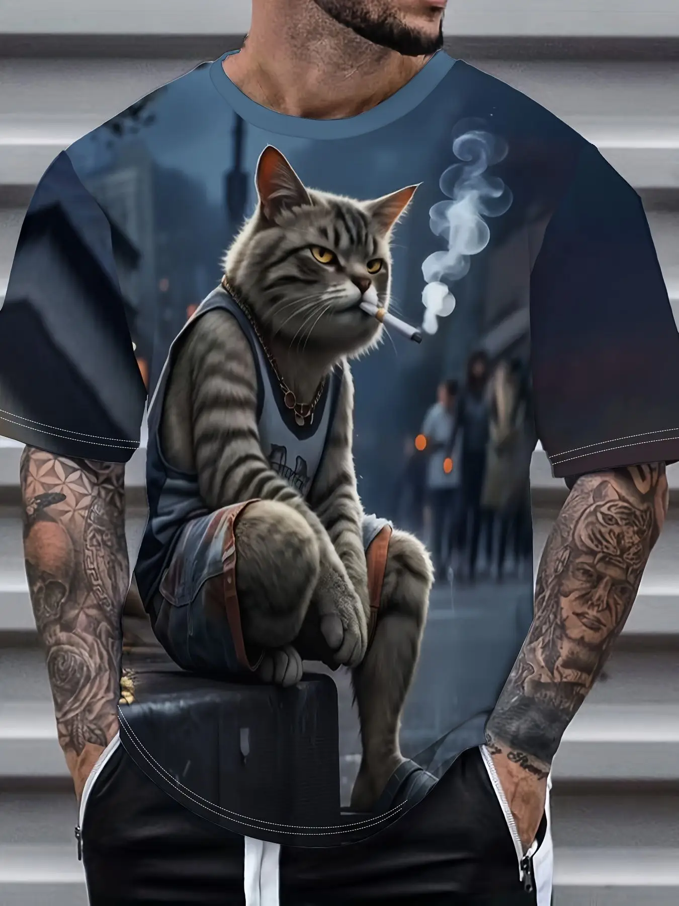 Herren T-Shirt Cartoon Niedliche Katzengruppe 3D-Druck Kurzarm Rundhals Sommer Lustige Streetwear Lässige Mode Oberteile Herrenbekleidung – Detail 4