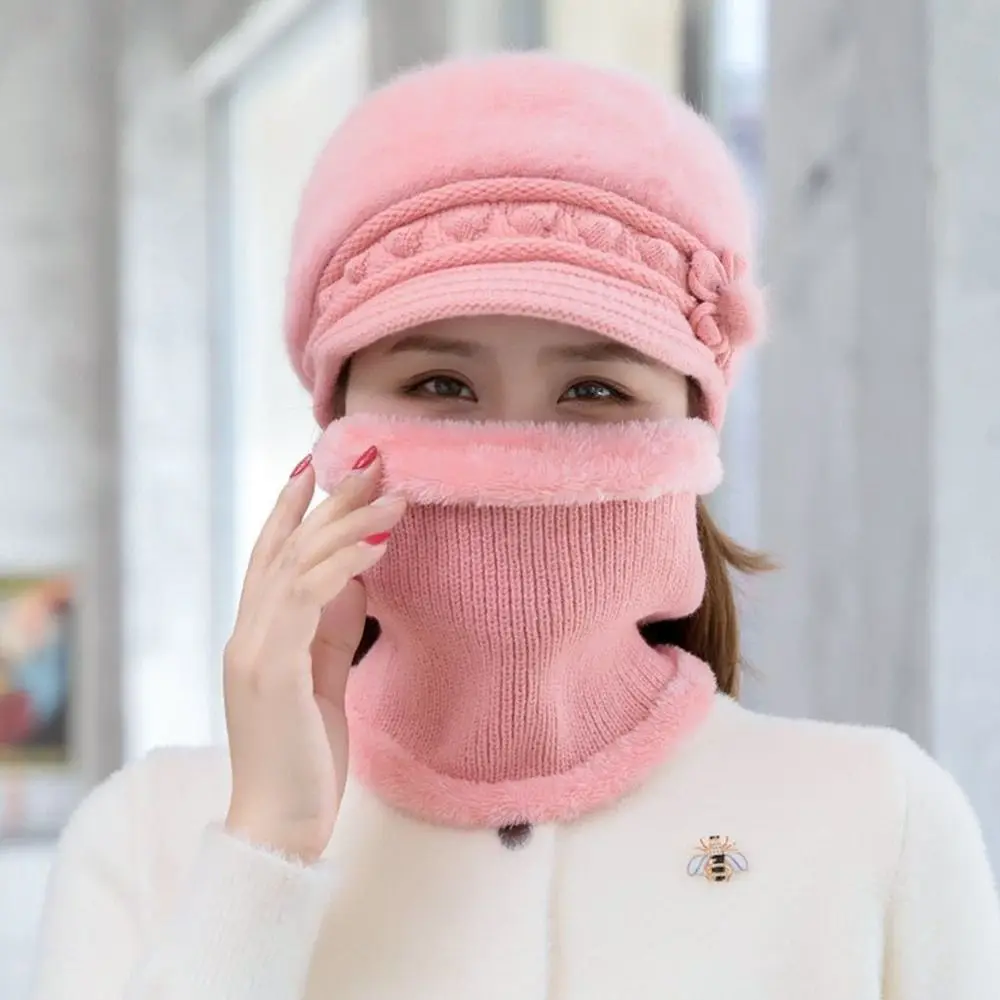 3Pcs/Set Winter Warm Knitted Hat Neck Protection Windproof Scarf Gloves Set Outdoor Plush Scarf Cap Women