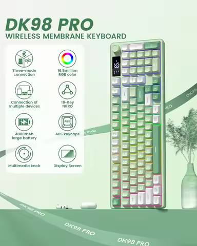 WOMIER DK98pro Green 98 Key 3 Modes Wireless Bluetooth 2.4G Membrane Keyboard Green RGB Backlight with Screen for PC Gamer