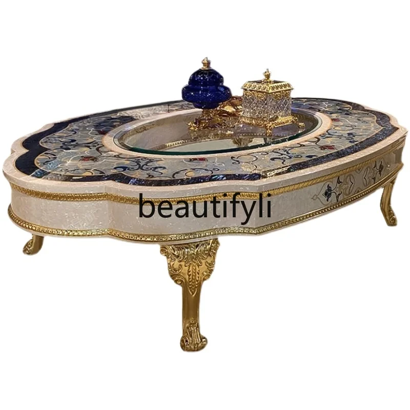 

French court colored shell parquet oval tea table luxury solid wood carving flower coffee table household tea table