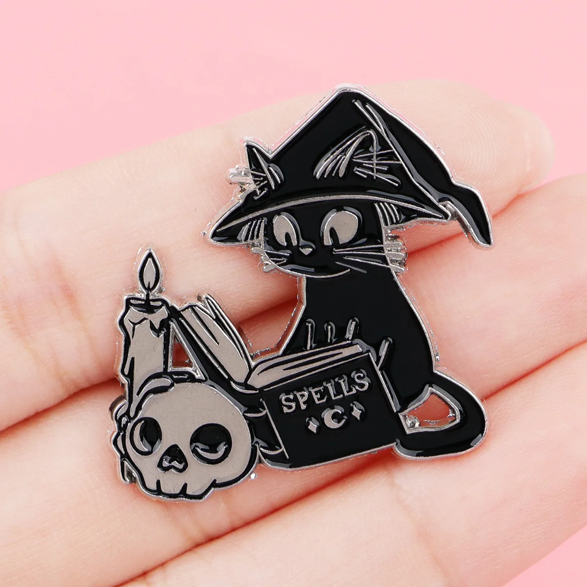 Black Witch Cat Enamel Pin Book Skull Candle Brooch Lapel Badge for Halloween Gothic Fans Jackets Backpacks Fashion Jewelry Gift
