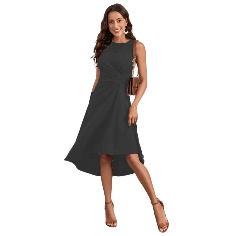 2026 Women's Summer New Fashion Wrinkle Sexy Sleeveless Solid Color Wrinkle Medium To Long A-line Dress