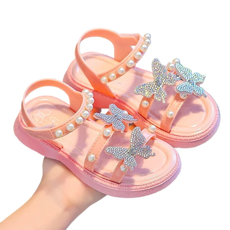 

Children Sandals Fashion Rhinestone Pearl Girls Shoes High Top Princess Beach Sandals Soft Sole Anti Slip Kids Shoes Босоножки