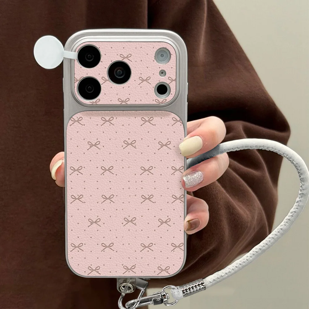 Cute Pink Bow Lanyard Phone Case For iPhone 17 Pro 16 14 15 13 11 12 Pro Max Lychee Textured Leather With Wrist Strap Soft Cover
