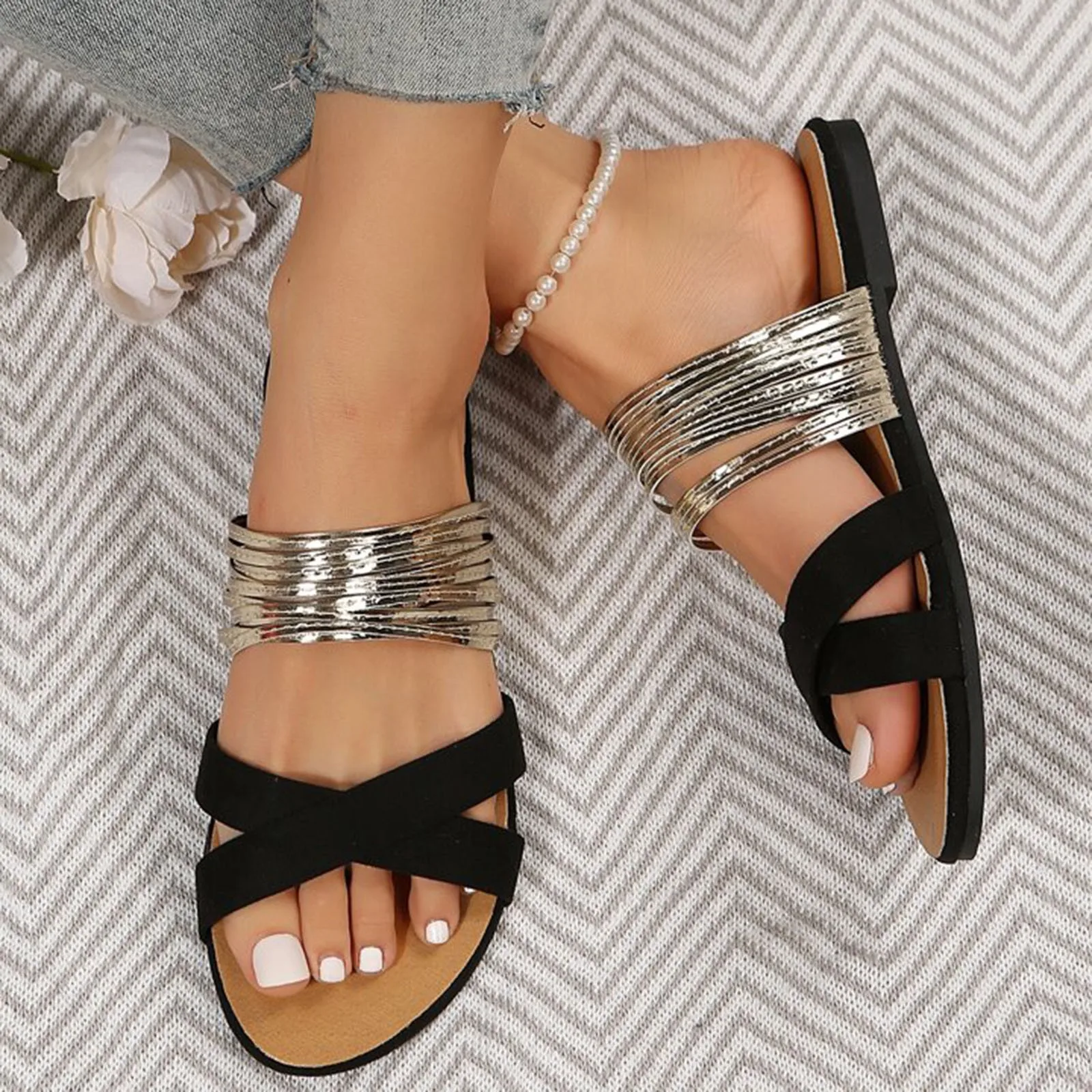 Zapatillas planas para mujer, sandalias, zapatos de mujer, Sandalias planas, sandalias de seda doradas a la moda para mujer, soporte informal para arco de verano