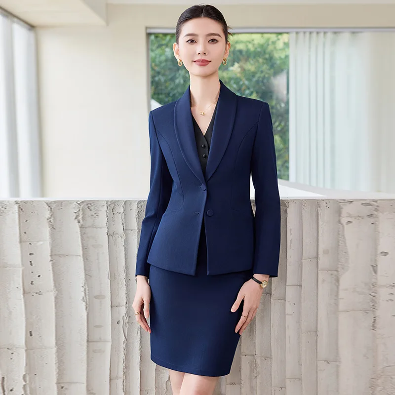Gray Professional Suit Set for Women, Spring and Autumn, Elegant Hotel Front Desk Uniform, Waiter Workwear, Blazer Jacket