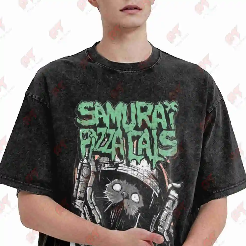 Samurai Pizza Cats Fear No Slice Astronaut Vintage Washed Tee Pure Cotton T-Shirt