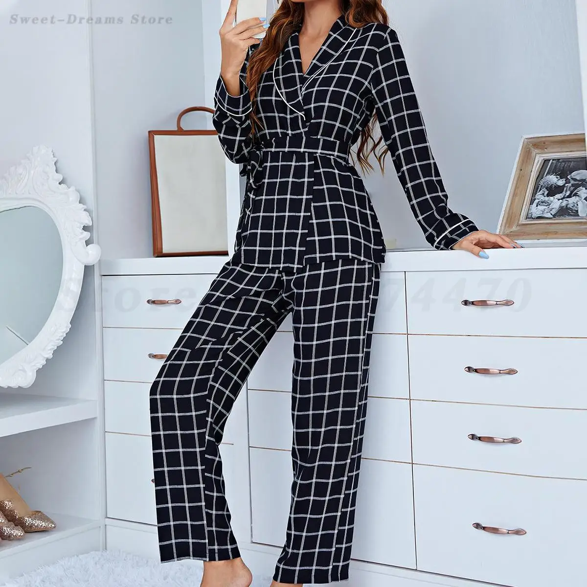 Long Sleeved Pajamas Set Fashion Checkered Homewear Sleepwear Loose Casual Top&trouser Intimate Lingerie Satin Lounge Wear