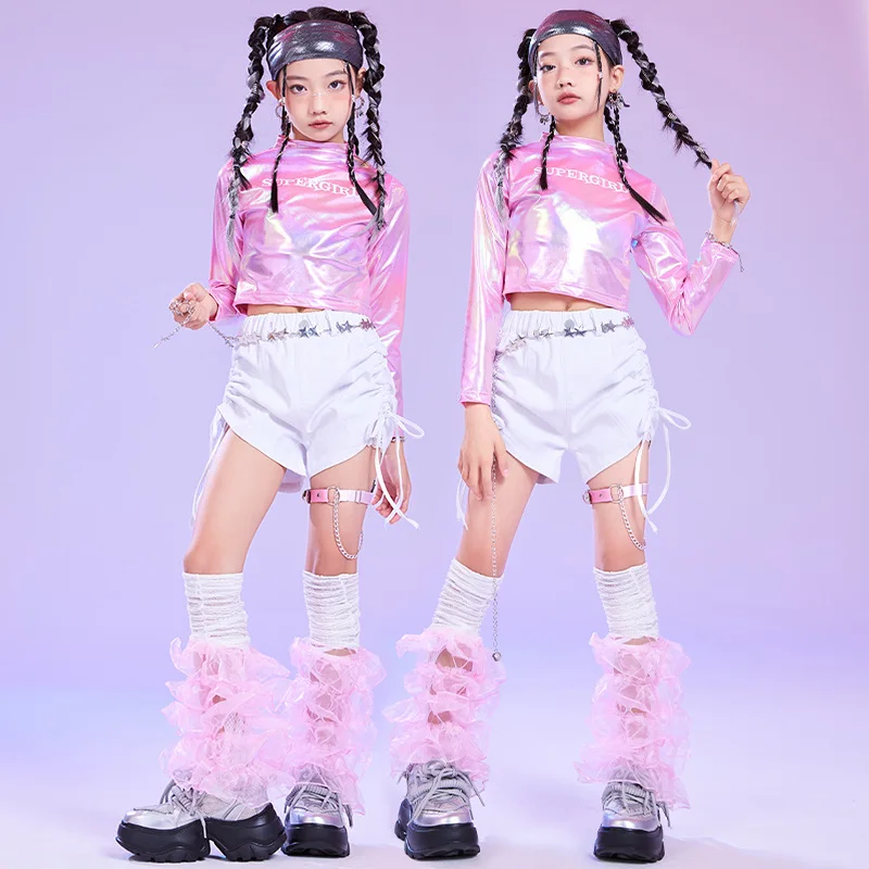 

Детская одежда в стиле хип-хоп, розовый укороченный топ, футболка с длинными рукавами, белые повседневные шорты на шнурке для девочек, костюм для джазовых танцев, одежда