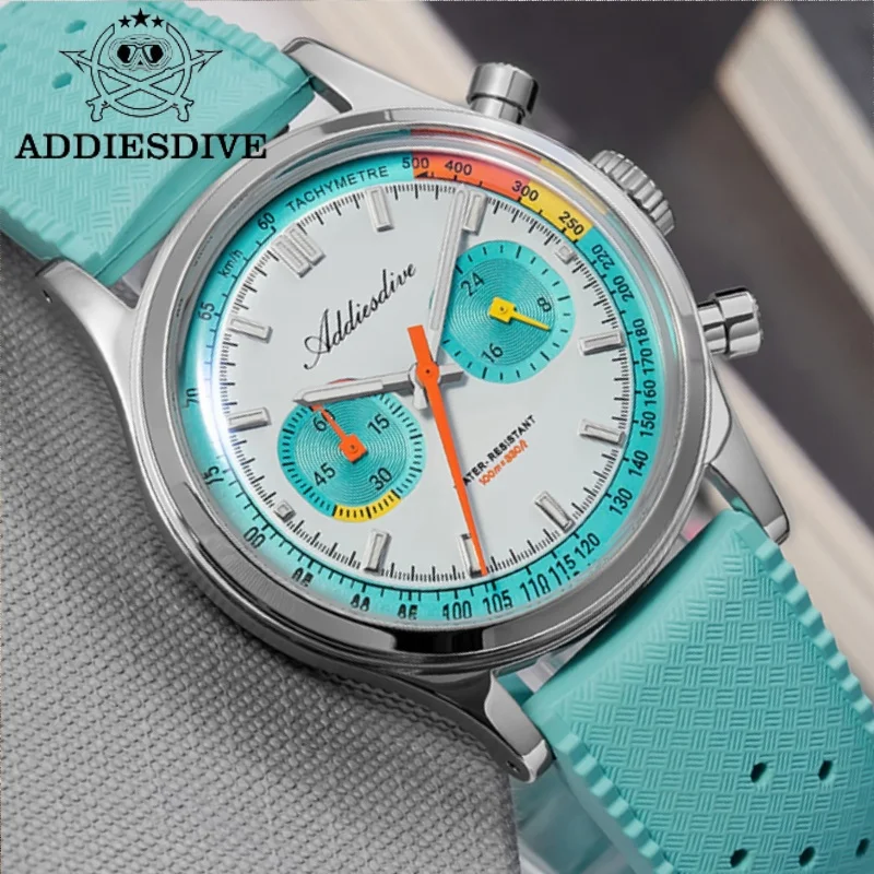 

ADDIESDIVE 38mm Watch For Men Fluorocarbon Rubber 10Bar Waterproof AD2549 BGW9 Super Luminous 0S21 Chronograph Quartz Watches